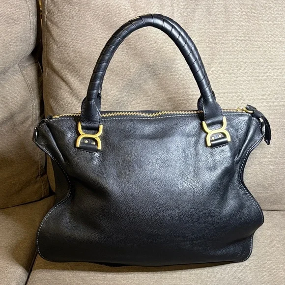 Chloe Marcie Black Leather Satchel with Gold Accents - Picture 4 of 12